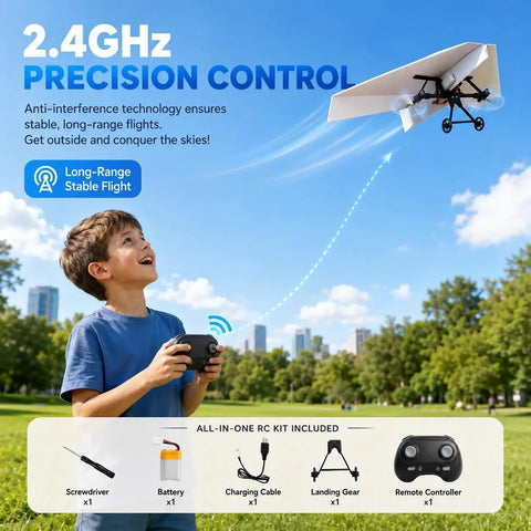 Child using Electric Remote Control Paper Airplane Kit With Gyro Stabilizer And Dual Propellers For Real Outdoor Fun, 2026 Edition
