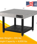 Pro Shop Quality Welding Fixture Table Built Like A Tank With Precision Laser Cut Holes 48X48 Inch Heavy Duty Steel Workbench and Adjustable Levelers Made In The USA for Garage Use, showing dimensions.