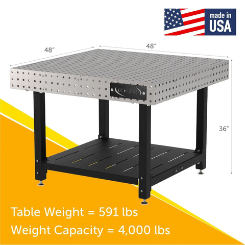 Pro Shop Quality Welding Fixture Table Built Like A Tank With Precision Laser Cut Holes 48X48 Inch Heavy Duty Steel Workbench and Adjustable Levelers Made In The USA for Garage Use, showing dimensions.
