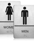ADA Braille Restroom Sign Set 9 By 6 Inches Self Adhesive Silver Two Pack For Men And Women Bathroom Door Signs High Contrast Graphics