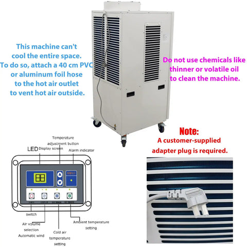Heavy Duty 220 Volt Industrial Portable Air Conditioner Packing Serious Cooling Power On Smooth Caster Wheels And 14 Liter Tank, showing air outlet and control panel.