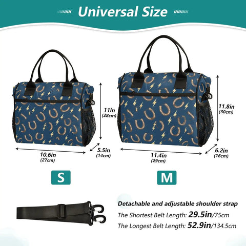 Horseshoe Insulated Lunch Box With Lightning Bolt Design, Keeps Meals Fresh On The Go, Durable Nylon Exterior With Pearl Cotton Insulation, Spacious Small Or Medium Size For Work Or School, Easy To Clean And Carry All Day. Small and medium size lunch bag dimensions