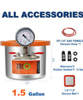 1.5 Gallon Vacuum Chamber With Tempered Glass Lid and Stainless Steel Build with gauge, vacuum hose, and accessories.