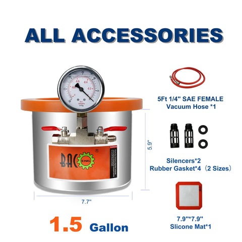 1.5 Gallon Vacuum Chamber With Tempered Glass Lid and Stainless Steel Build with gauge, vacuum hose, and accessories.