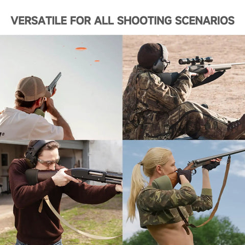 Four people using gel filled slip on recoil pad for shotguns and rifles, shock absorbing buttstock pad to cut recoil up to 70 percent