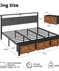 Sturdy King Size Platform Bed Frame With Handy Storage Headboard And Three Silent Glide Roll Away Drawers included in dimensions.