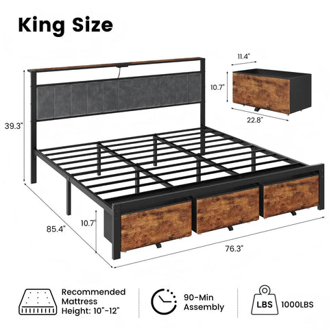 Sturdy King Size Platform Bed Frame With Handy Storage Headboard And Three Silent Glide Roll Away Drawers included in dimensions.