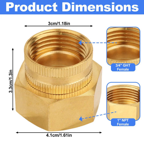 Three Quarter Inch GHT To One Inch NPT Double Female Brass Garden Hose Swivel Adapter With Gasket No Leak Water Pipe Fittings For Outdoor Use Heavy Duty Durable Brass Construction Easy Install, 3.3cm dimensions