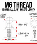 M6 Ball Stud 10mm 3 Eighths Inch Gas Spring End Fitting For Lift Supports One Half Inch Thread Length Zinc Plated Steel Ball Joint Replacement For Cabinet Toolbox Storage Box 4 Pack, dimension diagram