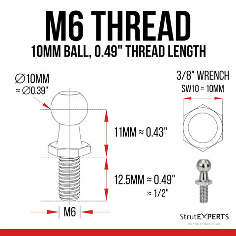 M6 Ball Stud 10mm 3 Eighths Inch Gas Spring End Fitting For Lift Supports One Half Inch Thread Length Zinc Plated Steel Ball Joint Replacement For Cabinet Toolbox Storage Box 4 Pack, dimension diagram