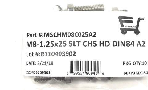 Built Tough A2 70 Stainless Steel M8 X 25mm Slotted Cheese Head Machine Screws with packaging details.