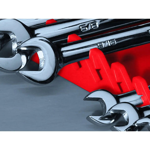 Portable Fifteen Wrench Organizer That Holds One Quarter Inch Through One And One Eighth Inch And Six To Twenty Millimeter Wrenches With Grab And Go One Hand Access And Quick Engagement Wall Mount Pegboard Or Cart Side Mount holding chrome wrenches.