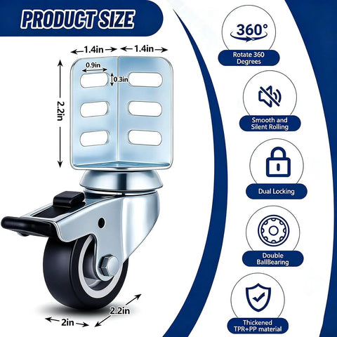 Top Shelf 8 Pack 2 Inch Black Swivel Caster Wheels With Side Mount Locking Brakes dimensions showing 2.2 inch size and dual locking feature.