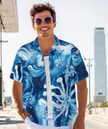 Ice Flowers Print Short Sleeve Shirt With Collar For Yacht Parties And Summer Nights Black Mens Shirt Breathable Soft Fabric Versatile Look Easy Throw On With Jeans Or Shorts For Everyday Vibes worn by man outdoors