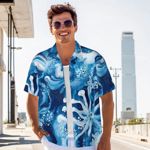 Ice Flowers Print Short Sleeve Shirt With Collar For Yacht Parties And Summer Nights Black Mens Shirt Breathable Soft Fabric Versatile Look Easy Throw On With Jeans Or Shorts For Everyday Vibes worn by man outdoors