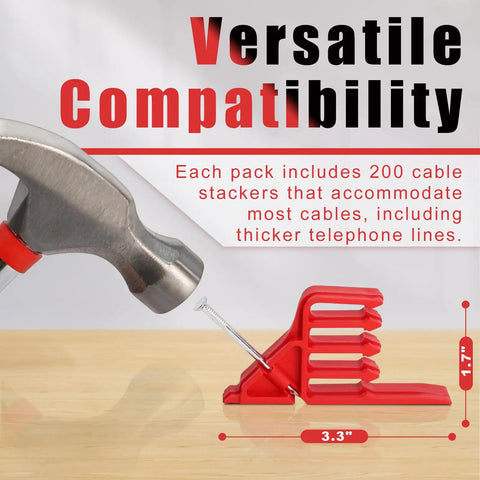 200 Pack Cable Stackers With Steel Nails For Fast And Secure Wire Management shown with hammer and nail on wood surface.