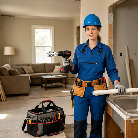 Woman holding Heavy Duty Integrated Alloy Pipe Threader Built To Handle Ppr Water Lines in a home renovation setting.