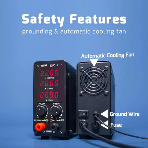 Beefy 60V 5A Adjustable DC Bench Power Supply With Crisp Readouts, Constant Voltage And Current, back with cooling fan, wiring