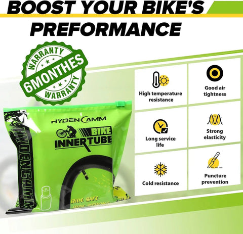 Image of Dual Pack 26x2.125 To 2.40 Inches Bike Inner Tubes With 35mm Schrader Valve Premium Butyl Includes 2 Tire Levers packaging and warranty details.