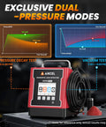 L5000 PRO EVAP Smoke Machine For Car Leak Detection with dual pressure modes, pressure decay, and vacuum test graphs displayed.