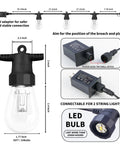 Diagram showing components of Outdoor String Lights 50 Feet For Patio With 20 Dimmable RGBW LED Bulbs IP66 Waterproof And Shatterproof.