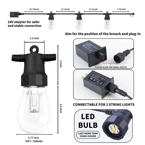 Diagram showing components of Outdoor String Lights 50 Feet For Patio With 20 Dimmable RGBW LED Bulbs IP66 Waterproof And Shatterproof.