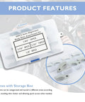 48 Piece Metal Shim Kit Pro Grade For Auto Alignment And Leveling With Multiple Inch Shims including One Eighth One Sixteenth One Thirty Second and One Sixty Fourth For Precise Suspension And Body Alignment Fits Most Cars shown in clear storage box.