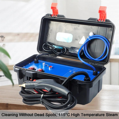 Sddpulse Handheld Steam Cleaner High Temp Portable For Home Car Detailing Engine Tankless Deep Cleaning Machine 3 4 Hour Runtime Professional Grade Cordless Wash Wiping Tool Heavy Duty Powerful Sanitizer in open case with hoses and controls.