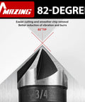 Pro Grade 5 Piece Countersink Drill Bit Set With One Quarter Inch Hex Shank, 82 Degree 5 Flute HSS Countersink Bits close-up 3/4 size