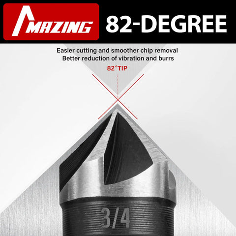 Pro Grade 5 Piece Countersink Drill Bit Set With One Quarter Inch Hex Shank, 82 Degree 5 Flute HSS Countersink Bits close-up 3/4 size