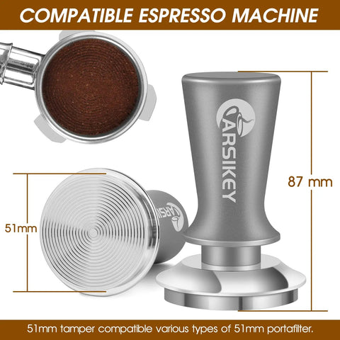 51mm Espresso Tamper With Calibrated Spring Loaded Mechanism features stainless steel ripple base for even tamping.