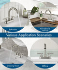 4 Inch Centerset Bathroom Faucet With Double Handles, Brushed Nickel Finish, 360 Degree Swivel Spout in various settings