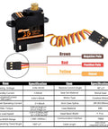 Two Pack 2G Micro Digital Servo With Metal Gear Coreless Motor For Airplanes Fixed Wing Planes Helicopters Boats Robots And RC Models JR254 Compatible, wiring diagram, specifications table, and black plastic casing with metal gear knob.