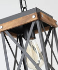 Awesome Oak Wood And Matte Black Farmhouse Pendant Light With 59 Inch Adjustable Chain and Killer Style easy hang single cage fixture close-up.