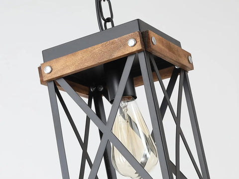Awesome Oak Wood And Matte Black Farmhouse Pendant Light With 59 Inch Adjustable Chain and Killer Style easy hang single cage fixture close-up.