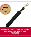 Black Poly Lead Rope For Horses Eight Feet Long Five Eighth Inch Thick With Soft Feel, brass snap detail