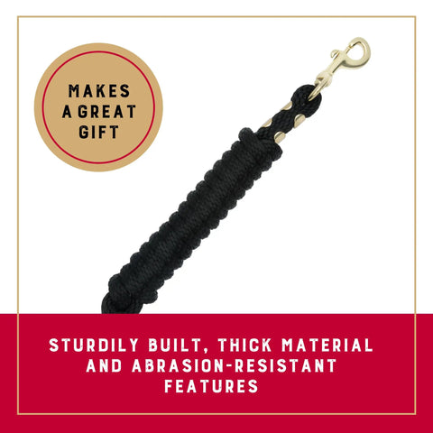 Black Poly Lead Rope For Horses Eight Feet Long Five Eighth Inch Thick With Soft Feel, brass snap detail