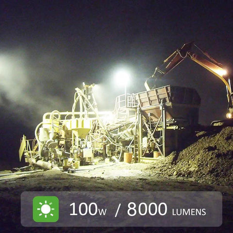 Beast Mode Bright Rechargeable Portable LED Work Light With Stand illuminating a construction site at night, 100W, 8000 lumens