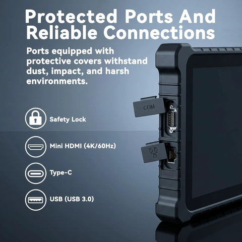 Heavy Duty 10.1 Inch Windows 11 Pro Rugged Tablet With IP67 Industrial Waterproof Housing And Mil Spec Drop Resistance showing protected ports.