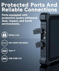 Rock Solid 10 Inch Rugged Tablet With Windows 11 Pro And IP67 Waterproof Build showing protected ports with covers for harsh environments.