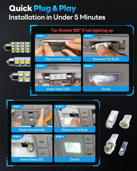 Installation steps for All In One Grab And Go 48 Piece Led Interior Car Lights Kit With 6500K White Bulbs shown in images.