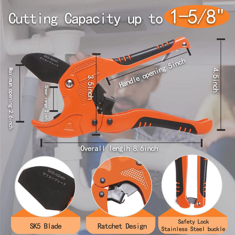Ratcheting Pipe Cutter for PVC PEX and PPR Tubing, One Hand Operation, Fast Clean Cuts With Ratchet Drive, Cuts Up To One And A Quarter Inch Outer Diameter, Easy to Use Hose and Tube Cutter