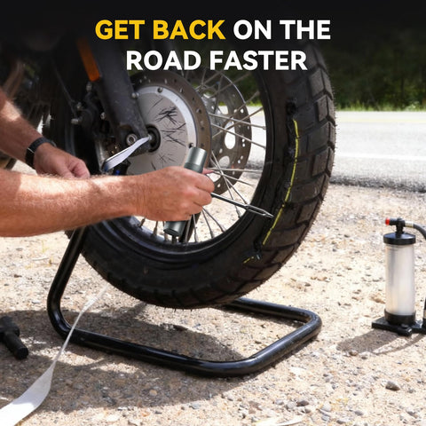 Capsule Style Tire Repair Kit With Plugs For Punctures And Flats That Fits In Your Glove Box Or Backpack Ultra Portable And Stainless Steel Shell Quick Patch For Motorcycle Car ATV UTV And Mountain Bikes A Grab And Go Roadside Fix. Kit in use on motorcycle tire.