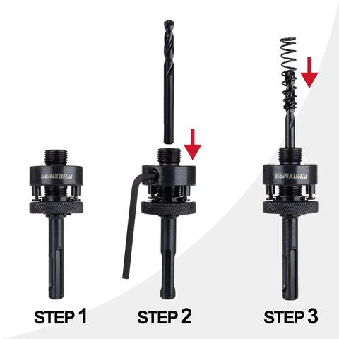 Assembly steps of Pro Grade SDS Plus Hole Saw Mandrel Set with Two Arbors and Central Drill Bits