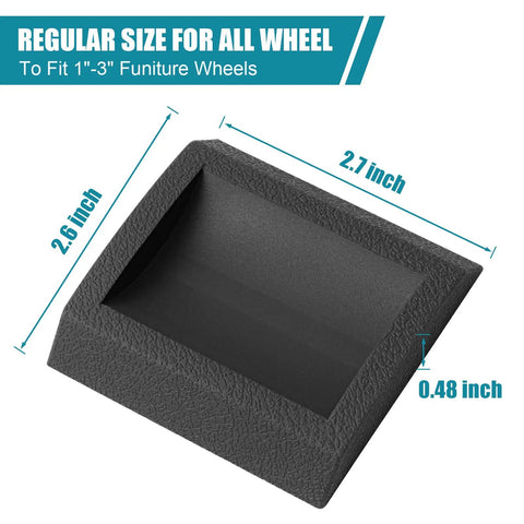 Premium Silicone Wheel Stoppers For Furniture, 4 Pack Caster Cups displayed with dimensions for fitting furniture wheels.