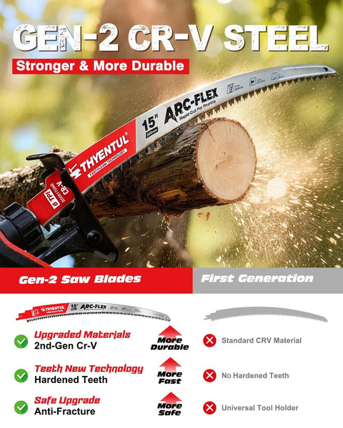 15 Inch Arc Edge Reciprocating Saw Blade Set For Fast Tree Pruning And Wood Cutting, Hardened Teeth With 6TPI, image of the saw cutting a branch