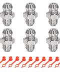Grease fittings set: six 304 stainless steel straight fittings with M6 x 1mm thread and ten red dust caps.