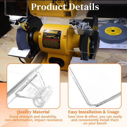Heavy Duty Bench Grinder Eyeshield Replacement Guard With Shatterproof Acrylic Shield showcases installation details with clear acrylic for safe grinding.