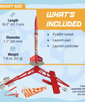 Flash Rocket Launch Set For Beginners And Hobbyists, kit components and dimensions displayed, ready to assemble for kids and teens