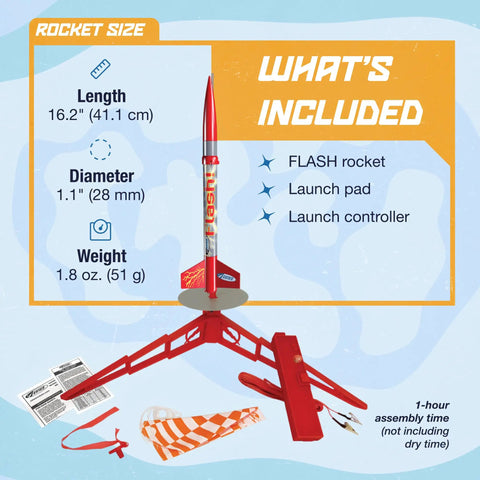 Flash Rocket Launch Set For Beginners And Hobbyists, kit components and dimensions displayed, ready to assemble for kids and teens